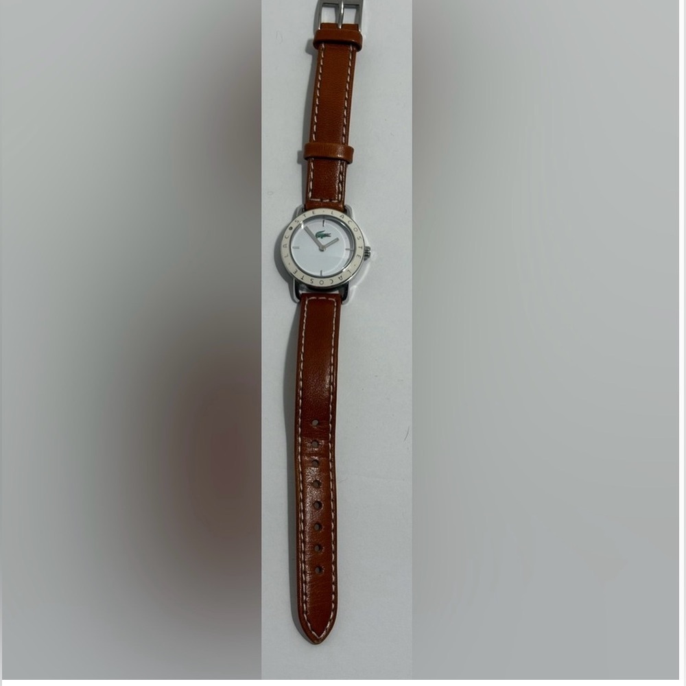 Lacoste Ladies Silver/White Enamel Watch with Brown Leather Strap - New Battery